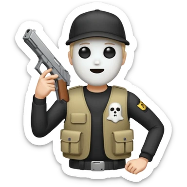 Emoji de fantasmita con una Glock 17 en la mano izquierda, con gorra y un chaleco antibalas  sticker