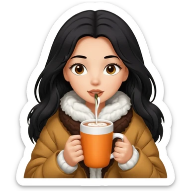anned Girl with lashes , bright black long hair, in an extremely big fluffy oversized jacket, and drinking hot chocolate drink sticker