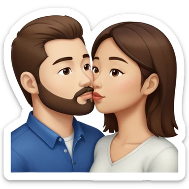 Asian American woman without glasses kissing a white guy with brown hair and only the white guy has beard stubble and white guy has glasses and Asian American woman does not have glasses sticker