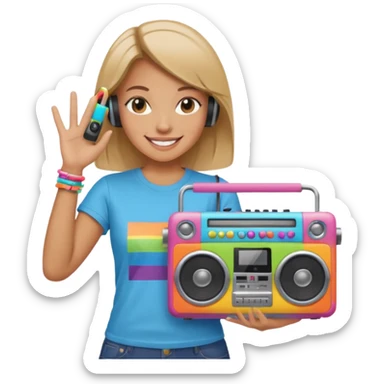 woman holding colorful boombox sticker