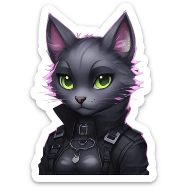 Gorgeous furry gothic dark techwear anime style anthro black cat furry sona with blushing face aesthetic and pretty edgy black with collar and harness trending style sticker