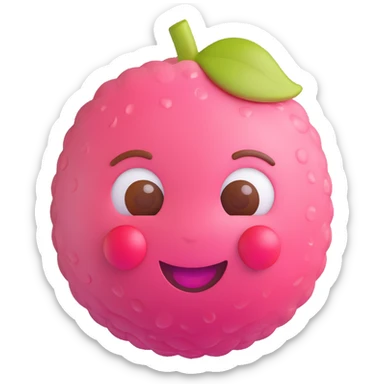 Pixar-style 3D lychee emoji with round white face, shiny eyes, pink cheeks, big smile, bumpy pink-red skin, glossy plastic texture, small brown stem, adorable, toy-like, realistic lighting, smooth shadows sticker