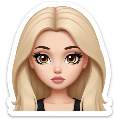  long hair, pale skin, dark brown eyes, pretty bratz baddie, black eyeliner, blush sticker