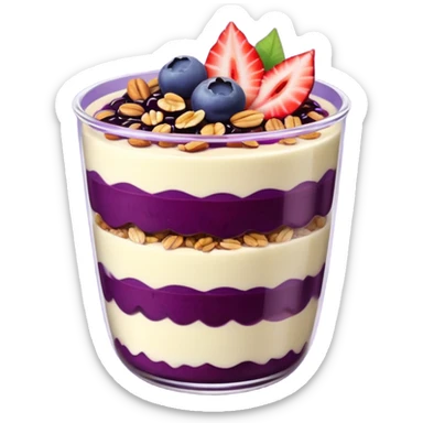 Açaí in a clear cup with layers of fruits and granola and condensed milk sticker