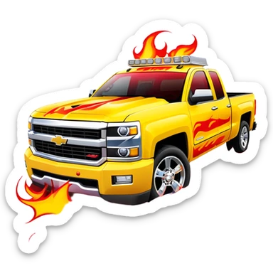 Bright yellow Chevrolet Silverado with bold airbrushed red flame artwork covering entire hood and extending to fenders, authentic Kill Bill custom paint job, 30-degree angle, iOS emoji style sticker