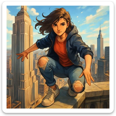 a confident girl squatting on the Empire State Building, urban setting, energetic pose sticker