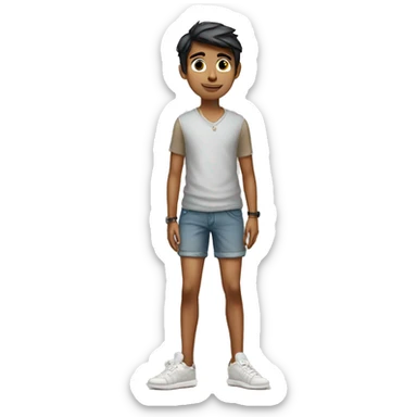 slender indian boy on shorts standing next to a mini cooper sticker