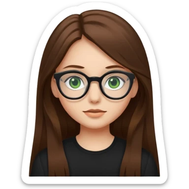 Girl with long brown hair, green eyes, glasses and a black top on sticker