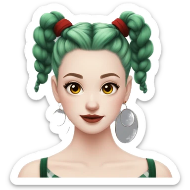  Pale skinned girl, dark green space buns hairstyle, wearing a red flannel, hoop earrings, thick wing eyeliner sticker