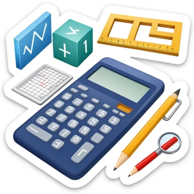 An icon featuring mathematical formulas, a calculator, and geometric shapes, symbolizing mathematics. The design includes a ruler, and a graph, representing the study of numbers, equations, and spatial relationships. Transparent background highlights the precision and logic of math. sticker