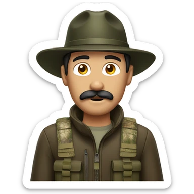 Guy with mustache black hair wearing hunting gear  sticker