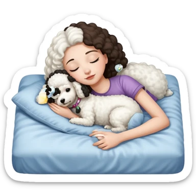 Girl sleeping with white poodle on a bed  sticker