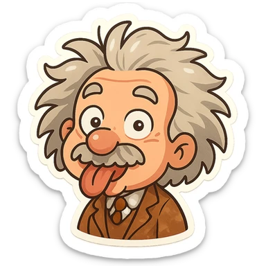 Albert Einstein with a zany, silly face, wild hair, playful expression, cartoon style, vibrant colors, exaggerated features sticker