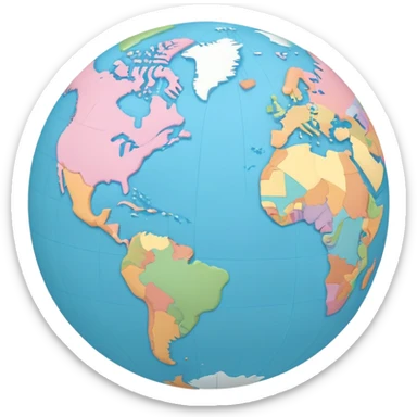 A flat-style illustration of a globe showing continents, with simple, clean details. Minimal cartoon style, white background, iOS emoji aesthetic. sticker