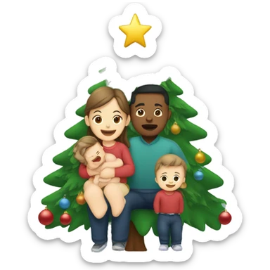 Father mother and baby around a christmas tree sticker