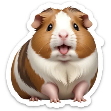 Cinematic Cute Yawning Brown and White Banded Guinea Pig Portrait Emoji, Head tilted slightly with a dramatic, wide-open yawn, revealing a soft, banded coat of brown and white with tiny, droopy ears, round dark eyes barely open in drowsy contentment, Simplified yet irresistibly adorable features, highly detailed, glowing with a soft, cozy glow, high shine, relaxed yet expressive, stylized with a touch of whimsy, bright and endearing, soft glowing outline, capturing the essence of a sleepy yet affectionate guinea pig, so drowsy it feels like it could stretch out of the screen and curl up for a nap! sticker