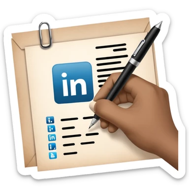 A hand writing a paper with the LinkedIn logo on it sticker