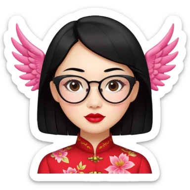 a Chinese lady in a red cheongsam, red lipstick, winged eyeliner, fair light skin with pink undertones, small nose, plump lips, average build, transparent glasses, mid-length black hair sticker