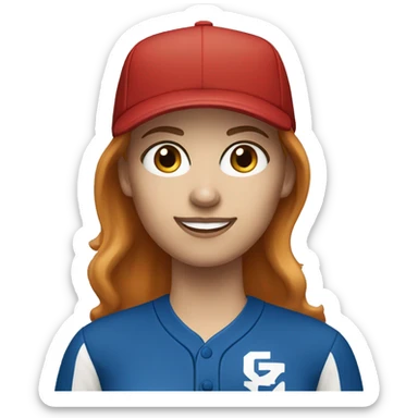 white female coach with red long hair in blue shirt and with a blue baseball hat sticker