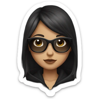 a girl with brown medium hair and with long bangs to eyes; she have a black cat in hands; she have a black square sunglasses; she's wearing a black hoodie sticker