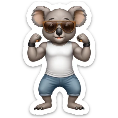 anthropomorphised koala, full body, casual clothing, dark sunglasses, flexing muscles sticker