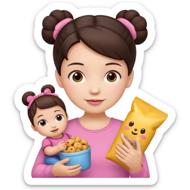 Cute small Toddler emoji with two small buns dark brown hair, fair skin, in pink top, holding toddler snacks & doll sticker