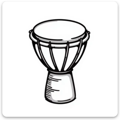 hand-drawn doodle style djembe drum, sketchy lines, black and white sticker