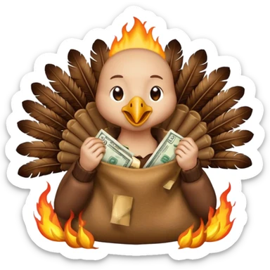 Can you create a turkey warming up a bag of money by a fire sticker