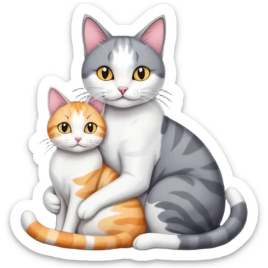 full body large dark grey and white cat cuddling a colourful light patched calico + white tabby cat  sticker