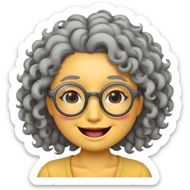 female yellow smiley face emoji, winking, glasses, no nose, grey curly hair sticker