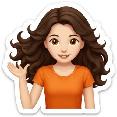 Long dark wavy hair women in orange top twirling around sticker