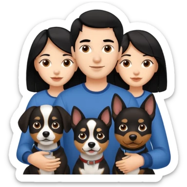 Una chica de pelo negro, con su pareja hombre y sus dos perritas una cafe y la otra negra sticker