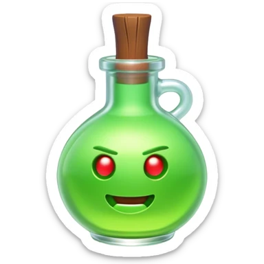 Clash of Clans aesthetic: Cinematic Playful Pixel 3D green health Potion Emoji, rendered in a 3D vector-style similar to standard emojis with minimal shading and bold, simplified shapes. A compact, distinct form with signature details, softly glowing with a pixelated adventure charm. Simplified yet unmistakably iconic, highly detailed and consistent, glowing with a soft radiance and high shine. Stylized with a touch of classic pixel-art charm and a soft glowing outline, capturing the essence of a beloved gaming relic with a friendly, playful manner! sticker