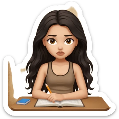 a pretty bratz light dusky girl with long wavy black hair in a brown tank top studying and lookinh tired sticker