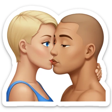 a tanned man with a brown buzz cut kissing a blonde woman with blue eyes  sticker