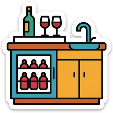 Wet bar with wine fridge and sink, modern look, wood cabinets, color outline icon style, transparent background sticker