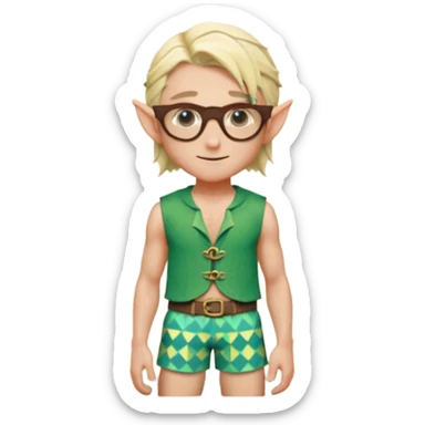 elf male legolas portrait, patterned board shorts (geometric/abstract), unique wooden-framed sunglasses, undercut hairstyle, slight smirk, visible pointy ears, no background, centered emoji, hipster summer vibe sticker