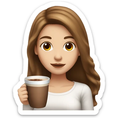 white girl with brown long hair and a hot chocolate sticker