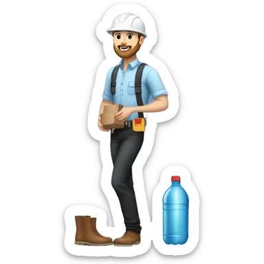 Mid white engineer wearing light blue blouse and black jeans and brown safety shoes and white helmet and he has a slight beard and holding black water bottle and groceries  sticker
