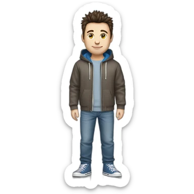 white male adult, Dark Brown Spikey Hair,, Blue Eyes, Grey Hoodie, Blue Jeans, Converse shoes sticker