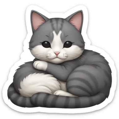 dark grey and white small cat with his eyes closed, leaning his head on his paw while leaning on his elbow lying down sticker
