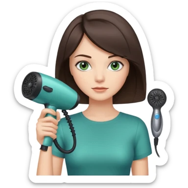brunette bob girl hair stylist with blue green eyes holding a hair dryer sticker