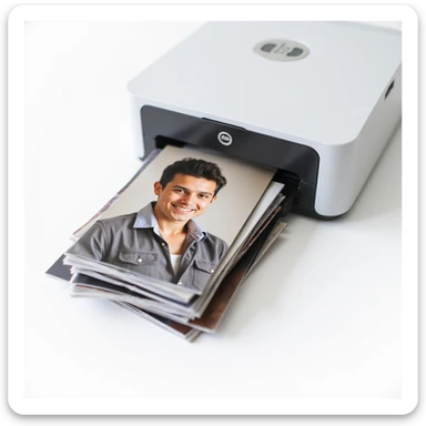 realistic thumbnail for a passport size photo print out service, with a close-up of a printer and a stack of printed passport size photos, on a white background sticker