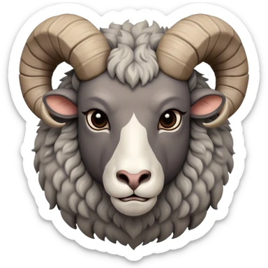 Cinematic Noble Ram Portrait Emoji, Poised and regal, with a sturdy, powerful build and a thick, woolly grey fur adorned with impressively curled horns, deep-set soulful dark eyes, Simplified yet sharp and sophisticated features, highly detailed, glowing with a soft, dignified glow, high shine, intelligent and commanding, stylized with an air of rugged majesty, focused and attentive, soft glowing outline, capturing the essence of a watchful and confident ram, so majestic it feels as though it could charge out of the screen with effortless authority! sticker