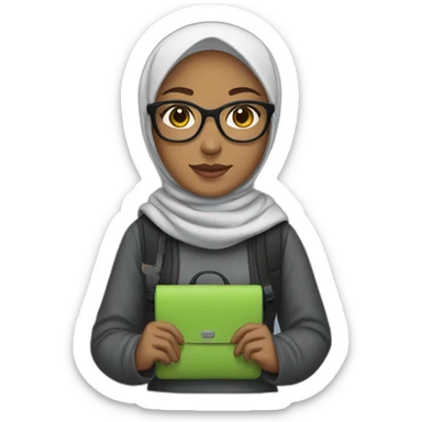 A girl wearing a hijab, glasses, and a laptop bag sticker
