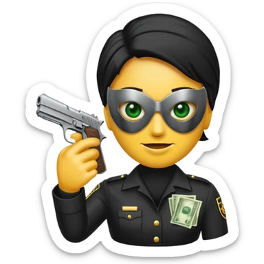 Un emoji con una mascara negra con una pistola pequeña en la mano y que en la otra mano tenga una paca de billetes sticker