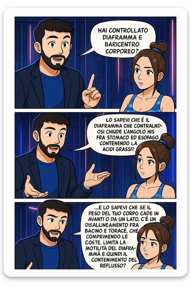 TRASFORMA QUESTO CAROSELLO IN UN FUMETTO STILE WEBTOON/MANGA A COLORI CON QUESTE DUE PERSONE IDENTICHE CHE INTERLOQUISCONO TRA LORO, L'uomo sta spiegando alla donna questo concetto:

LUI (UOMO): Hai controllato diaframma e baricentro corporeo?
LUI (UOMO): Lo sapevi che è il diaframma che contraendosi chiude l’angolo his fra stomaco ed esofago, contenendo la risalita degli acidi grassi?
LUI (UOMO): …e lo sapevi che se il peso del tuo corpo cade in avanti o da un lato, c’è un disallineamento fra bacino e torace, che comprimendo le coste, limita la motilità del diaframma e quindi il contenimento del reflusso? sticker