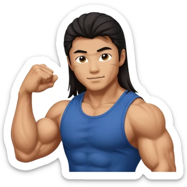 muscled asian guy showing biceps, long dark hair sticker