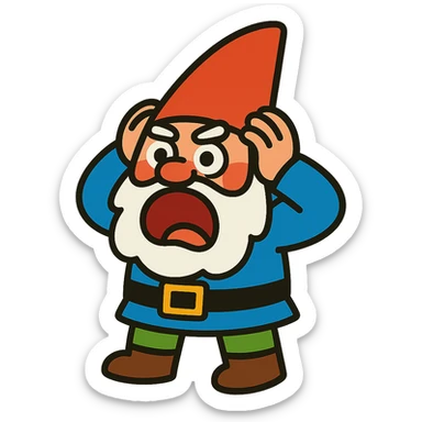 vibrant toon style gnome holding his head and screaming sticker