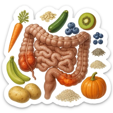 intestino umano anatomico infiammato con carota, fiocchi di avena, zucchine, kiwi, mirtilli, semi di chia, patate, banane acerbe, zucca, riso che gli fluttuano dietro, iperrealistico 4k sticker
